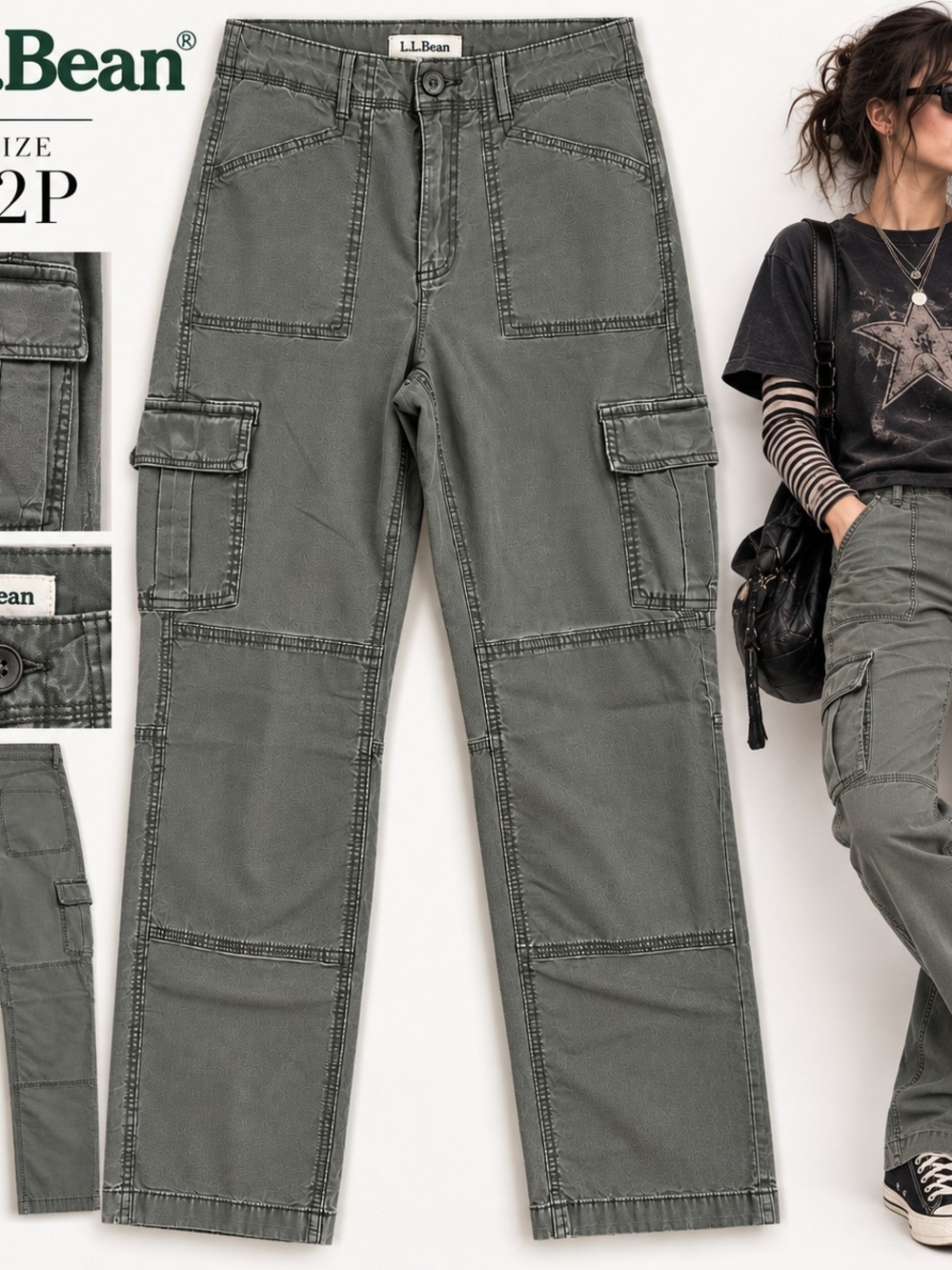 L.L.Bean 12P Cargo Pants Gray Olive Utility Gorpcore Workwear Streetwear Grunge